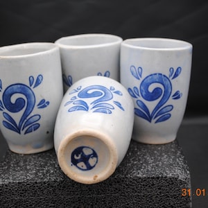Vintage German Cobalt Blue Salt Glazed Pottery Shot Glass - Westerwald Stoneware Cup - Made in Germany - 3.25" Tall - Set of 4