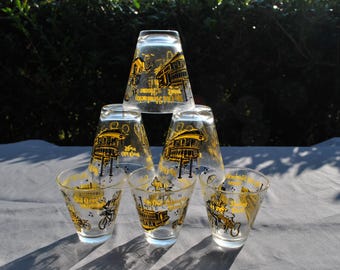 Set of 6 Vintage Double Shot Glasses with Old Song Images - My Old Kentucky Home, Daisy Bell, Old Gray Mare - Retro Barware