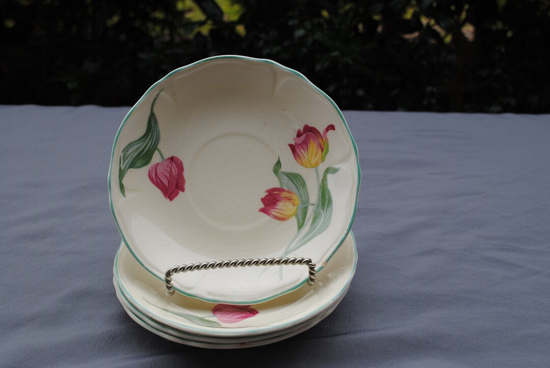 Tea Cup Saucer Pink Tulip Design Green Scalloped Edges - Set of 4 - Etsy