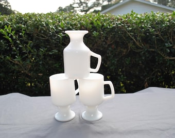 Vintage White Milk Glass Footed Irish Coffee Mugs - 5.5” Tall - Retro Barware Drinkware