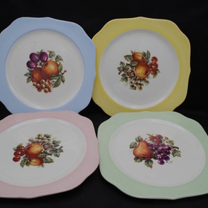 Crooksville Porcelain China Square Lunch Plates - Pastel Colors - Fruit Design - Set of 8