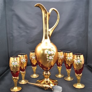 Venetian Murano Glass Ruby Red & 24K Gold Decanter Cordial Set With 6 Flutes- Vintage Italian Barware - Hand Painted Enamel Overlay