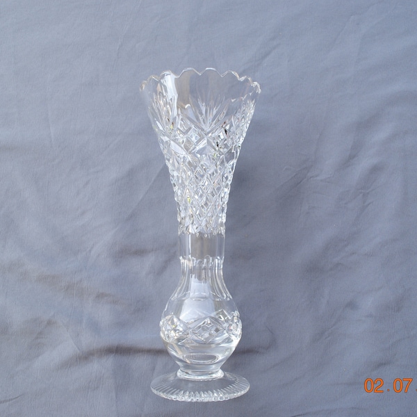 Cut Glass Pedestal Vase Sunburst Diamond Pattern - 9.5" Tall