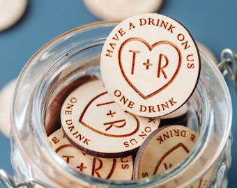 Love Heart Drinks Tokens // Wedding Couple Initials and Date. Have a Drink On Us, Custom tokens perfect for any Wedding!