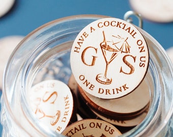 Wedding Drinks Tokens // Have a Cocktail on Us / Wedding Day Couple Initials. Cocktail Token