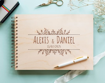 Libro de firmas alternativo para bodas con diseño de flores silvestres, recuerdo de madera personalizado, planificador y álbum de recortes rústico hecho a mano, regalo nupcial único.