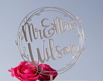 Personalised Mr & Mrs Cake Topper For Weddings. Your Married Name beautifully circled in a floral design - Silver and Gold Acrylic