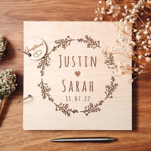 Wedding Guest Book Floral Wedding Guestbook Engraved in Wood Photo and Photobooth Album image 1
