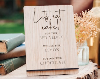 Lets eat Cake! Wedding Cake Menu Sign | Cheese Menu Sign | Wooden, Rustic, Engraved in Wood