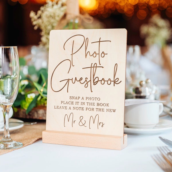 Foto-Gästebuchschild | Mach ein Foto für das neue Mr & Mrs | Hochzeits-Gästebuch Schild | Aus Holz und rustikal | Hochzeit Tischdekoration