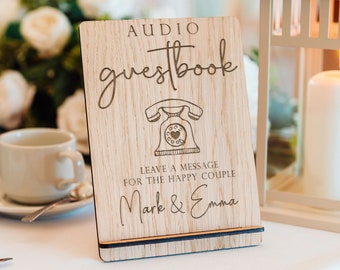 Audio Guestbook Sign | Personalised Phone and Audio Guest Book Sign | Wooden, Engraved Table Sign