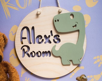 Personalised Dinosaur Name Sign, Round Wooden Kids Door Plaque, Nursery Bedroom Wall Decor, Custom Boys Girls Room Gift