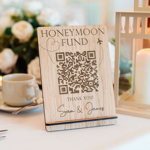 Cartello fondo luna di miele / Cartello codice QR matrimonio / Cartello in legno di quercia personalizzato per auguri luna di miele / Decorazioni per tavoli matrimonio / Fondo auguri matrimonio