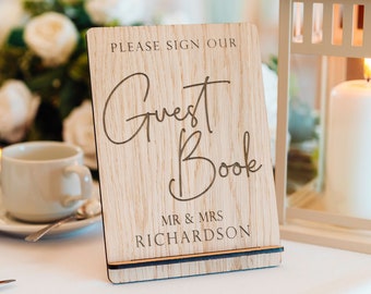 Please Sign Our Guestbook Sign | Personalised Wedding Guest Book Sign | Wooden, Engraved Table Sign