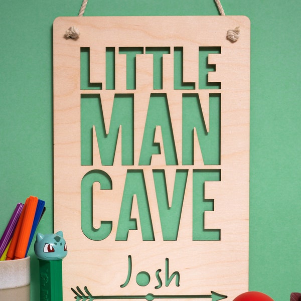 Little Man Cave, Personalised Playroom Wall and Door Hanging Sign, Wooden Personalised, Baby Name Sign, Childs Bedroom Decor