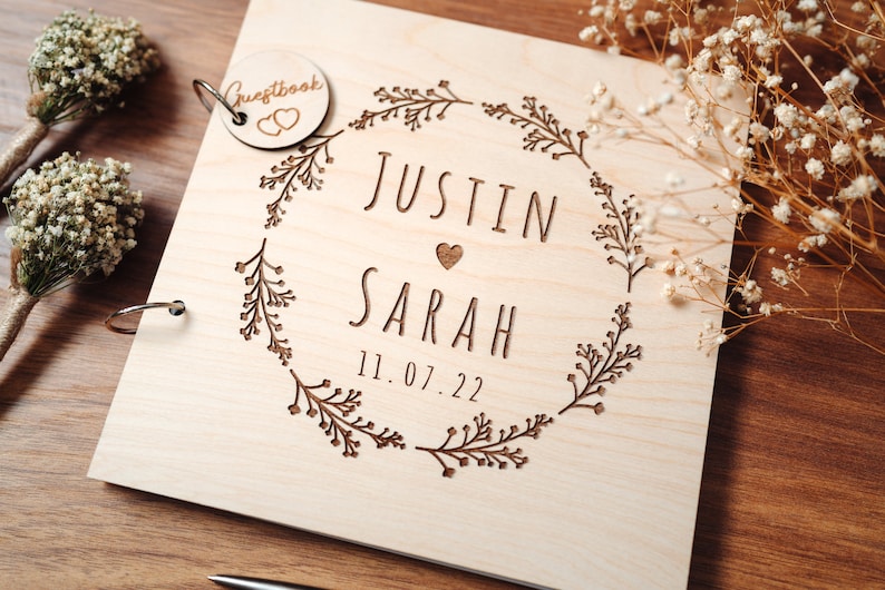 Wedding Guest Book Floral Wedding Guestbook Engraved in Wood Photo and Photobooth Album image 8