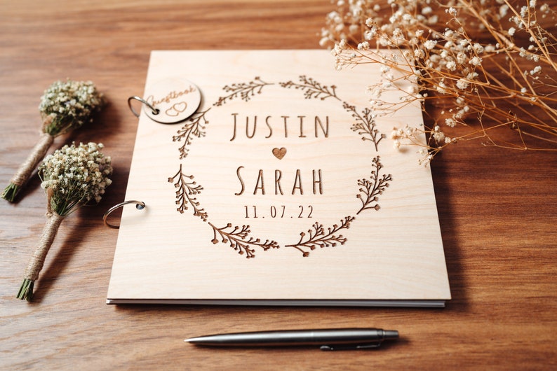 Wedding Guest Book Floral Wedding Guestbook Engraved in Wood Photo and Photobooth Album image 6