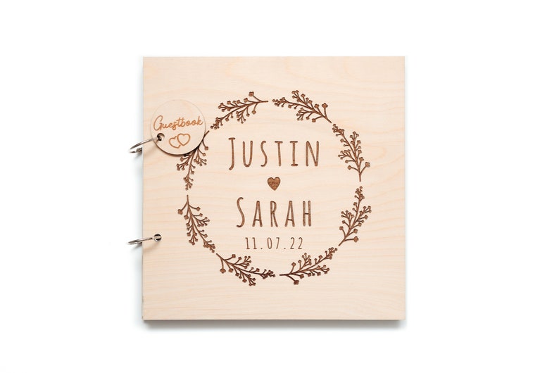 Wedding Guest Book Floral Wedding Guestbook Engraved in Wood Photo and Photobooth Album image 10