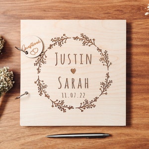 Wedding Guest Book Floral Wedding Guestbook Engraved in Wood Photo and Photobooth Album image 9