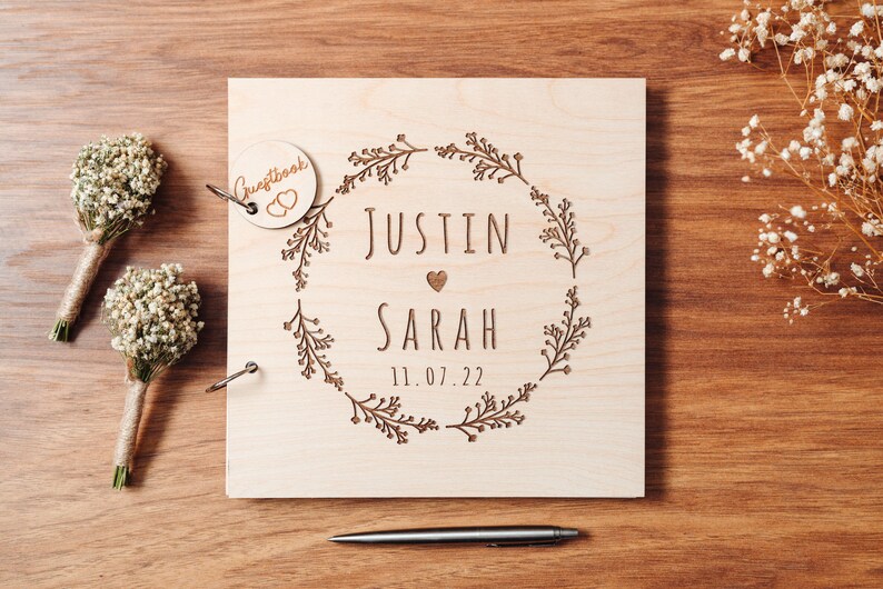 Wedding Guest Book Floral Wedding Guestbook Engraved in Wood Photo and Photobooth Album image 9