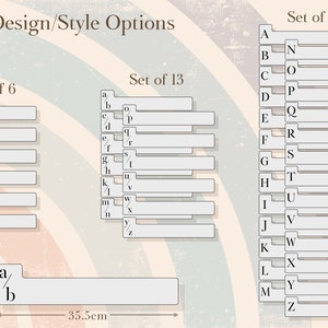 Puede incluir: Un gr&aacute;fico con tres columnas de opciones de letras para un proyecto de dise&ntilde;o. La primera columna est&aacute; etiquetada como "Set of 6" e incluye las letras a a z. La segunda columna est&aacute; etiquetada como "Set of 13" e incluye las letras a a z. La tercera columna est&aacute; etiquetada como "Set of 26" e incluye las letras A a Z. El gr&aacute;fico tiene 35,5 cm de ancho.