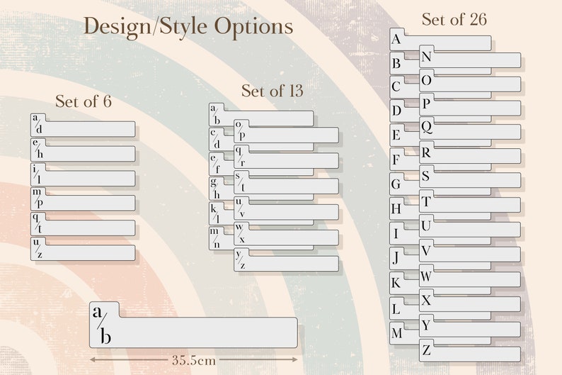 Puede incluir: Un gr&aacute;fico con tres columnas de opciones de letras para un proyecto de dise&ntilde;o. La primera columna est&aacute; etiquetada como "Set of 6" e incluye las letras a a z. La segunda columna est&aacute; etiquetada como "Set of 13" e incluye las letras a a z. La tercera columna est&aacute; etiquetada como "Set of 26" e incluye las letras A a Z. El gr&aacute;fico tiene 35,5 cm de ancho.