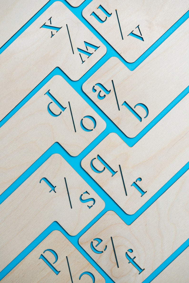 Puede incluir: Primer plano de un teclado de madera con acentos azules. Las teclas est&aacute;n etiquetadas con letras y n&uacute;meros, y las letras est&aacute;n dispuestas en un patr&oacute;n escalonado.