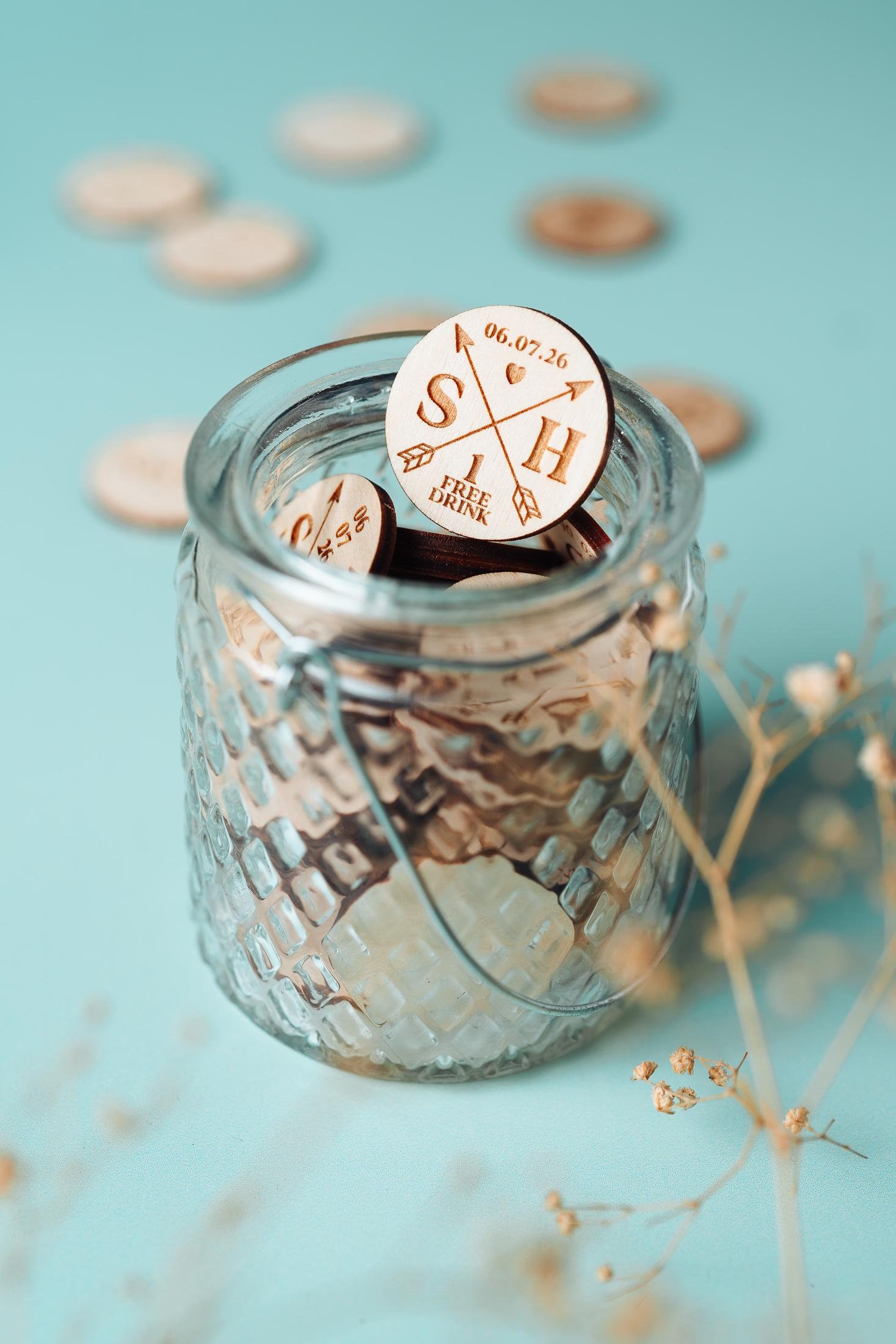 Arrow Drink Tokens for Wedding \u0026 Parties | Wooden Drinks Voucher and  Wedding Favours | Custom and Bespoke, image size:1467x2200