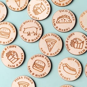 Fichas de comida para bodas y fiestas / Helados, pizzas, pescado, patatas fritas, hamburguesas, cerdo asado, perritos calientes, tacos