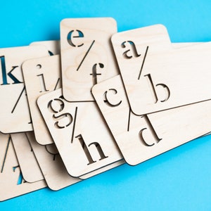 Puede incluir: Un conjunto de plantillas de letras del alfabeto de madera, con letras como "a", "b", "c", "d", "e", "f", "g", "h", "i", "k", "l" e "y" recortadas. Las plantillas est&aacute;n apiladas unas sobre otras sobre un fondo azul.