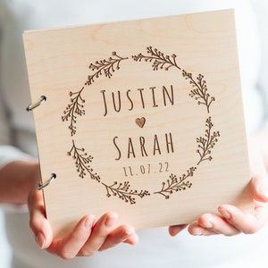 Wedding Guest Book Floral Wedding Guestbook Engraved in Wood Photo and Photobooth Album image 3