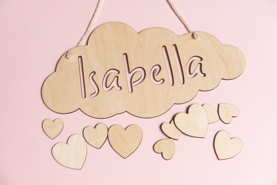 Nuvola e cuori Targa personalizzata con il nome del bambino targa in legno  per pareti e porte -  Italia