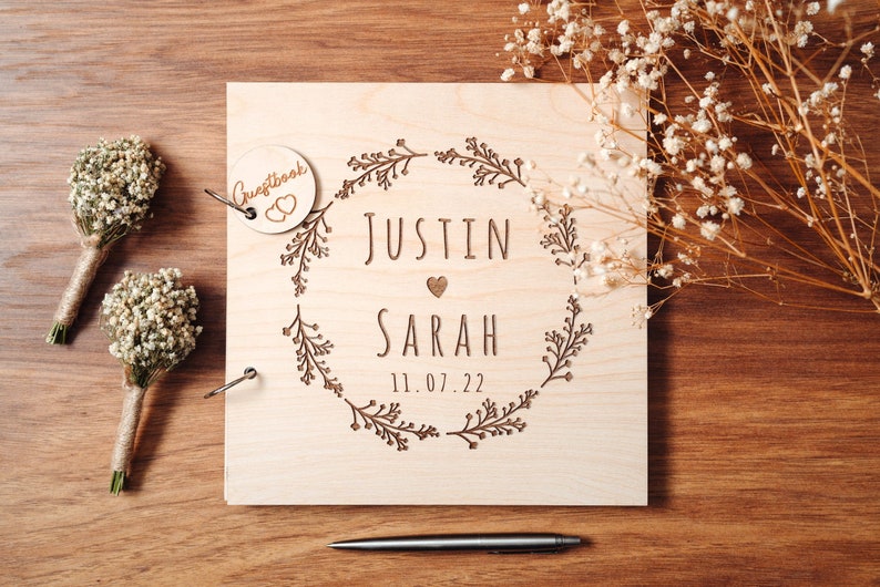 Wedding Guest Book Floral Wedding Guestbook Engraved in Wood Photo and Photobooth Album image 1