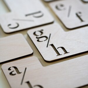 Puede incluir: Bloques de alfabeto de madera con letras recortadas, mostrando las letras a/b, c/d, e/f, g/h. Los bloques est&aacute;n dispuestos en forma escalonada.