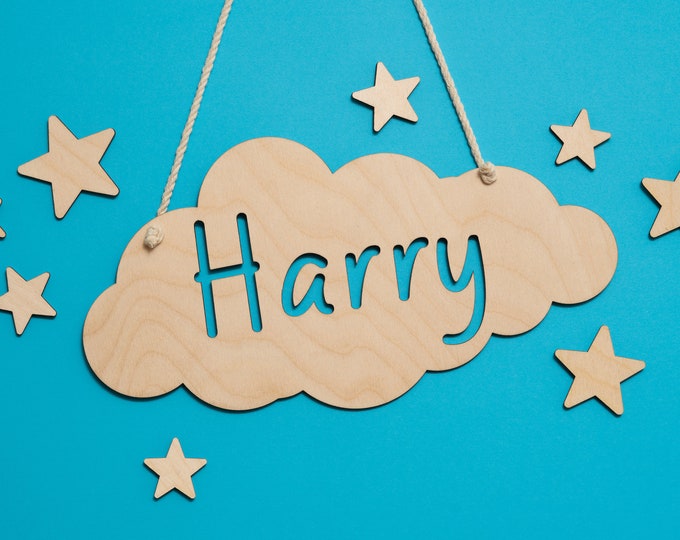 Cloud and Stars Nursery Sign, Personalised Child's Name Wall Decor, Custom Wooden Bedroom Plaque, Boys Girls Room Gift