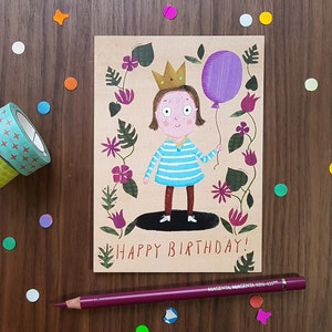 Geburtstagskarte A6 mit Illustration und Handlettering "Happy Birthday", handgezeichnete Designpostkarte mit Print zum Kindergeburtstag
