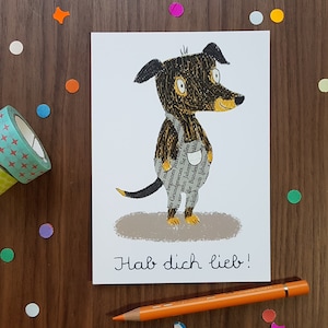 Grußkarte A6 mit süßem Hundemotiv  und Handlettering "Hab dich lieb", Künstlerpostkarte mit Illustration und Collage, Designpostkarte