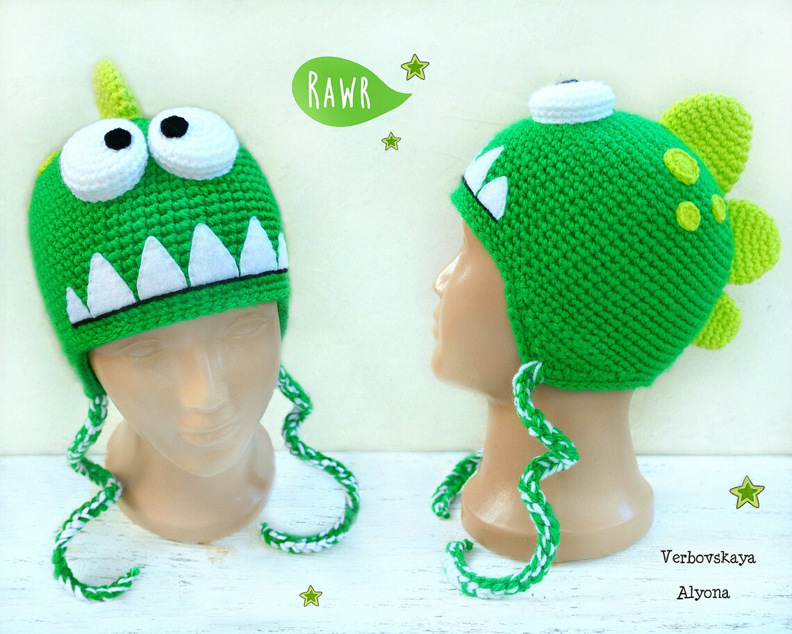 Baby dinosaur hat crochet eyes teeth Knit dinosaur beanie T Etsy