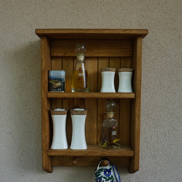Cupboard with cup hangers, Country style kitchen spice cabinet, French country vintage shelf kitchen, pine kitchen cabinet, wandregal