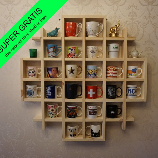 Étagère pour tasses à café en bois massif faite main, porte-gobelet, porte-gobelet à café et à thé mural, étagère de cuisine, présentoir tasse 2