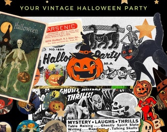 Könnte beinhalten: Eine Collage mit Vintage-Halloween-Themen. Das Design umfasst ein Skelett, einen Kürbis mit Hexenhut, schwarze Katzen und den Text "YOUR VINTAGE HALLOWEEN PARTY". Verschiedene kreisförmige und rechteckige Bilder sind mit Sternakzenten angeordnet.