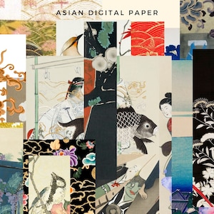 Set di collezione di carta digitale asiatica vintage stampabile, 20 disegni rari Download istantaneo