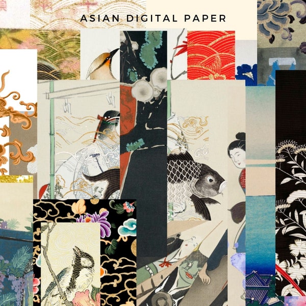 Printable Vintage Asian Digital Paper Collection Set, 20 Rare Designs Instant Download