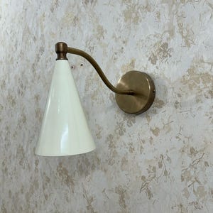 Mid-Century Modern Wall Sconce – White Cone Shade with Brass Arm, Vintage Style Light Fixture for Bedroom, Hallway, or Living Room Decor