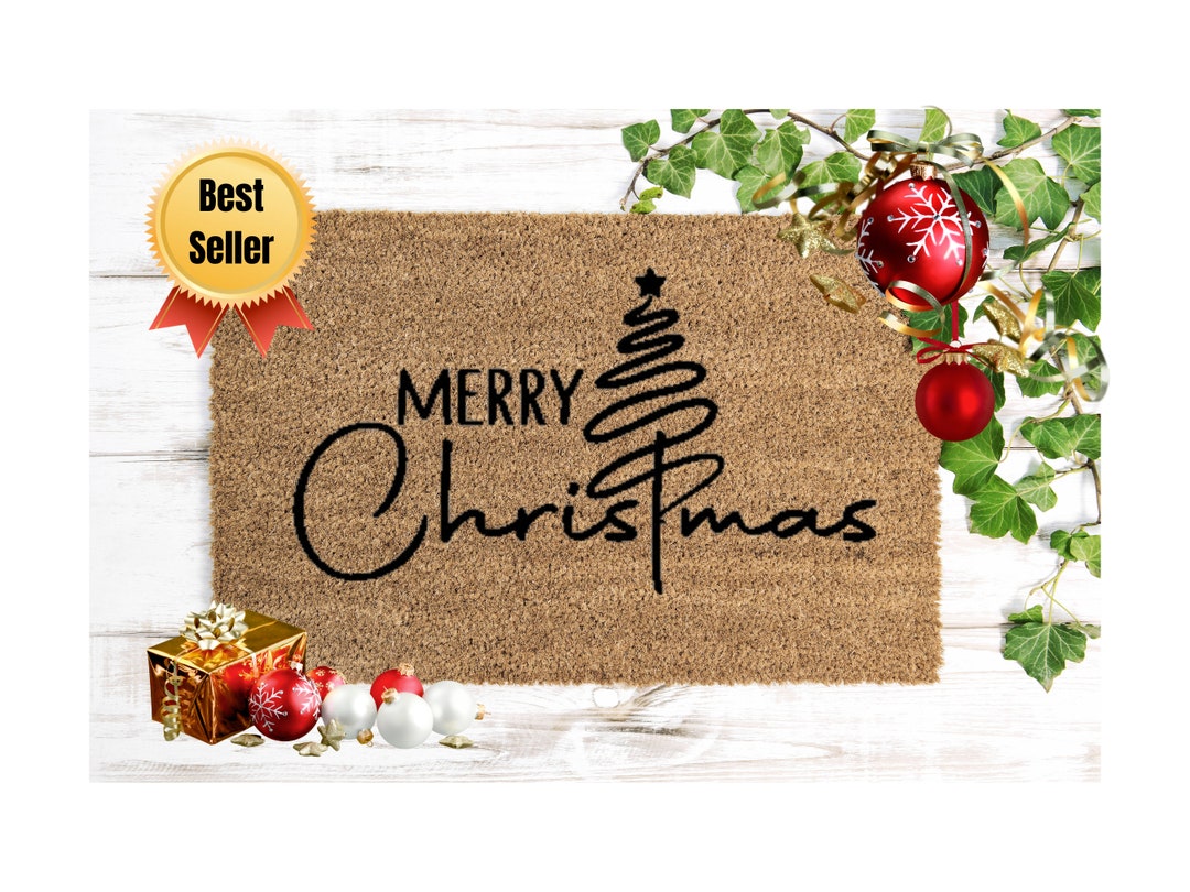 Merry Christmas Door Mat, Christmas Tree Doormat, Holiday Front Door Decor, Holiday Gift for