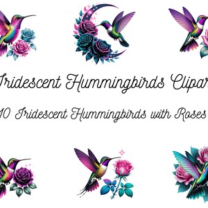 Puede incluir: Una colecci&oacute;n de im&aacute;genes predise&ntilde;adas de colibr&iacute;es en acuarela. Las ilustraciones presentan colibr&iacute;es iridiscentes con colores vibrantes rosa, morado y turquesa, combinados con rosas. El texto dice "Iridescent Hummingbirds Clipart" y "10 Iridescent Hummingbirds with Roses."