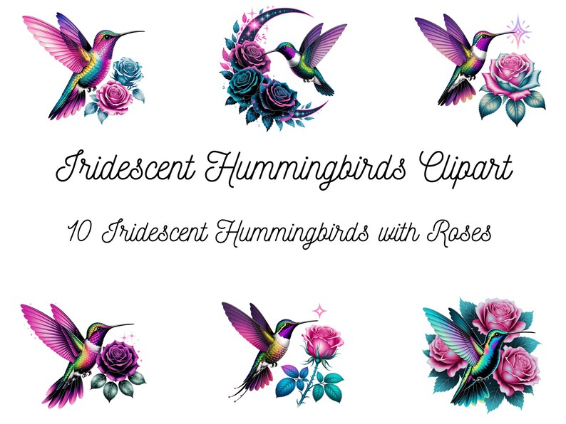 Puede incluir: Una colecci&oacute;n de im&aacute;genes predise&ntilde;adas de colibr&iacute;es en acuarela. Las ilustraciones presentan colibr&iacute;es iridiscentes con colores vibrantes rosa, morado y turquesa, combinados con rosas. El texto dice "Iridescent Hummingbirds Clipart" y "10 Iridescent Hummingbirds with Roses."