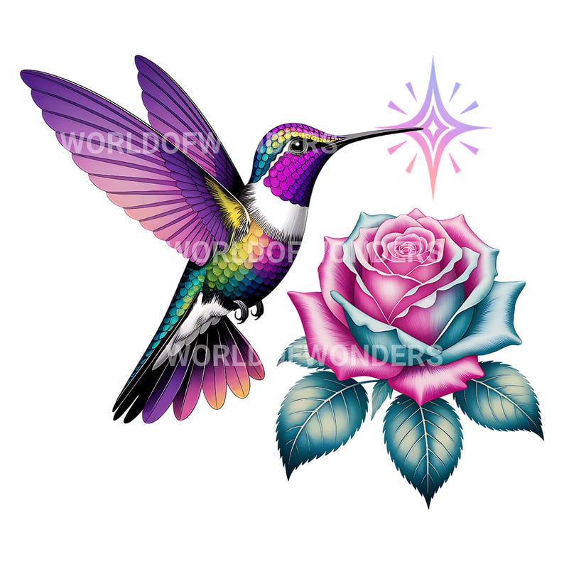 Puede incluir: Ilustraci&oacute;n vibrante de un colibr&iacute; en vuelo, con plumas moradas, rosas, verdes y amarillas. El ave est&aacute; situada cerca de una rosa bicolor rosa y azul con hojas verdes. Tambi&eacute;n hay una estrella brillante.
