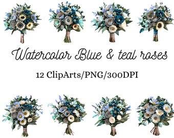 Ramo de rosas en acuarela: Clipart floral azul verdoso PNG (Descarga digital)