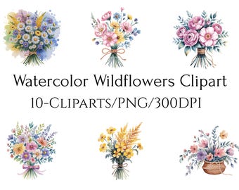 Ramo de flores silvestres Clipart / Acuarela floral PNG / Ramos de flores / Gráficos de invitación de boda / Descarga digital de flores